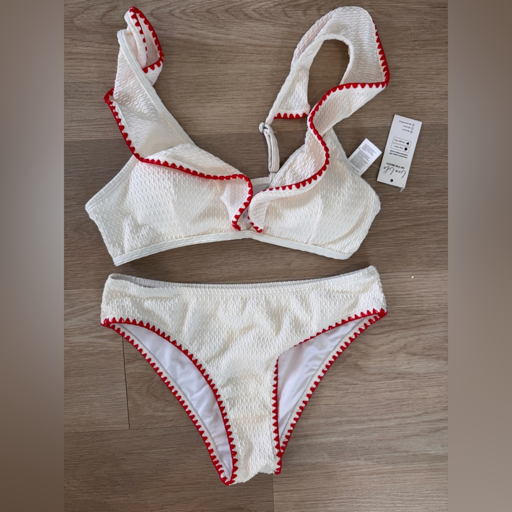 White and Red Trimmed Women's Bikini